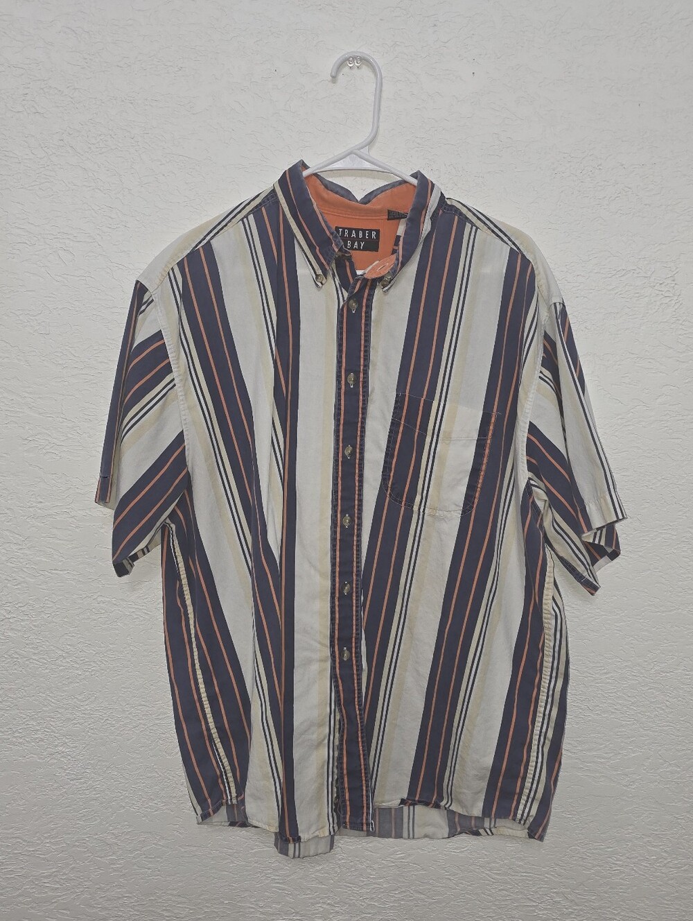 Trader Bay Men's Short Sleeve Button Up Shirt  Navy & Cream Stripe XL